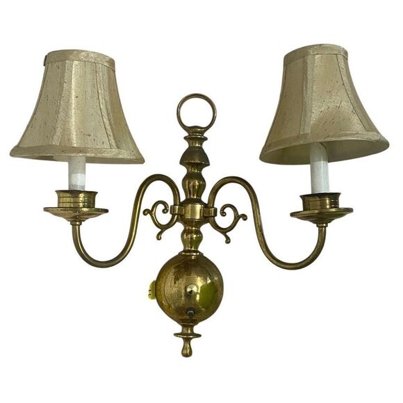 Vintage Leviton Dutch Colonial Style Solid Brass Two Wall Light Sconce with Shad